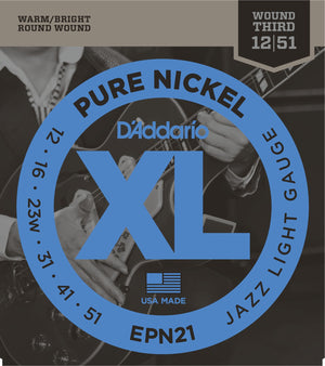 D'Addario EPN21 Pure Nickel Electric Guitar Strings, Jazz Light, 12-52