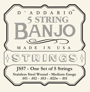 D'Addario JS57 5-String Banjo Strings, Stainless Steel, Custom Medium, 11-22