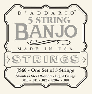 D'Addario JS60 5-String Banjo Strings, Stainless Steel, Light, 9-20