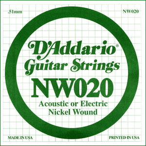 D'Addario NW020 Nickel Wound Electric Guitar Single String, .020