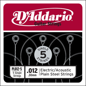 D'Addario PL012-5 Plain Steel Guitar Single String, .012 5-pack